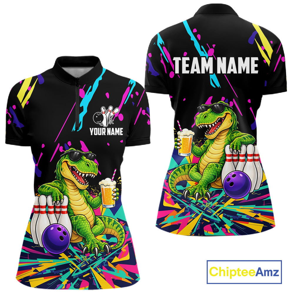 Colorful Bowling Jersey Funny Dinosaur Bowling Polo & 1/4 Zip Custom Bowling Team Shirts