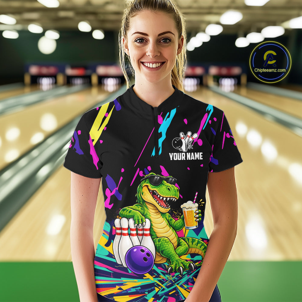 Colorful Bowling Jersey Funny Dinosaur Bowling Polo & 1/4 Zip Custom Bowling Team Shirts