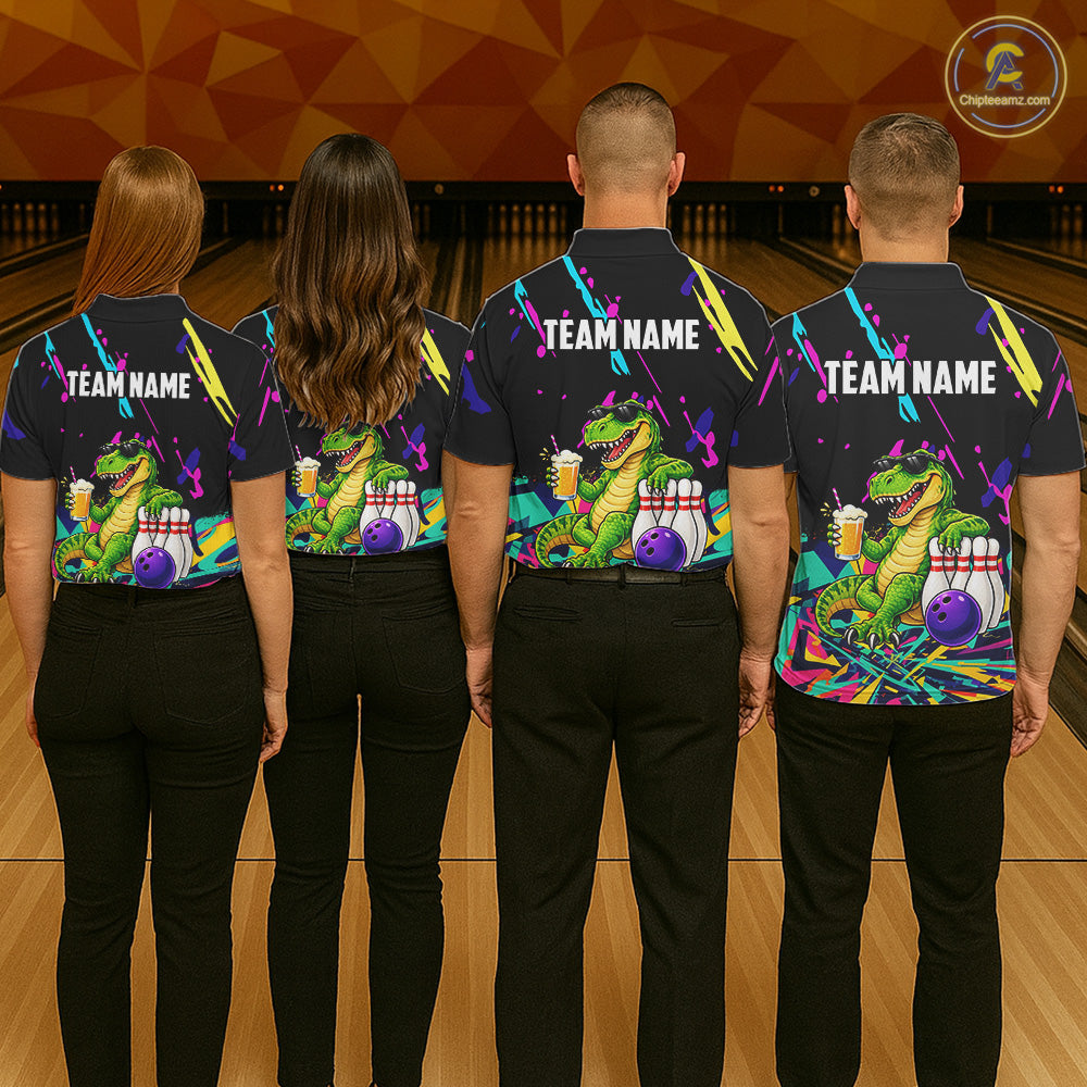 Colorful Bowling Jersey Funny Dinosaur Bowling Polo & 1/4 Zip Custom Bowling Team Shirts