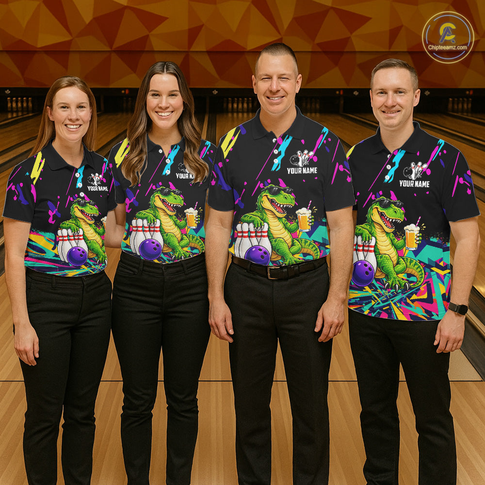 Colorful Bowling Jersey Funny Dinosaur Bowling Polo & 1/4 Zip Custom Bowling Team Shirts