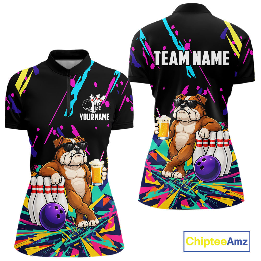 Colorful Bowling Jersey Funny Bulldog Bowling Polo & 1/4 Zip Custom Bowling Team Shirts