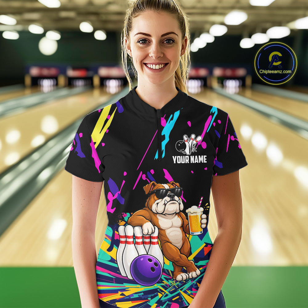 Colorful Bowling Jersey Funny Bulldog Bowling Polo & 1/4 Zip Custom Bowling Team Shirts