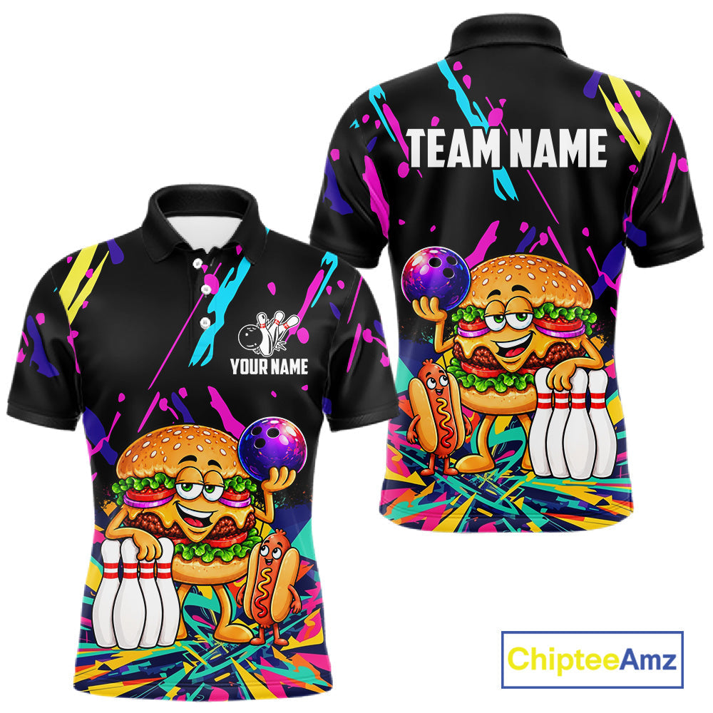 Colorful Bowling Jersey Funny Hamburger Bowling Polo & 1/4 Zip Custom Bowling Team Shirts