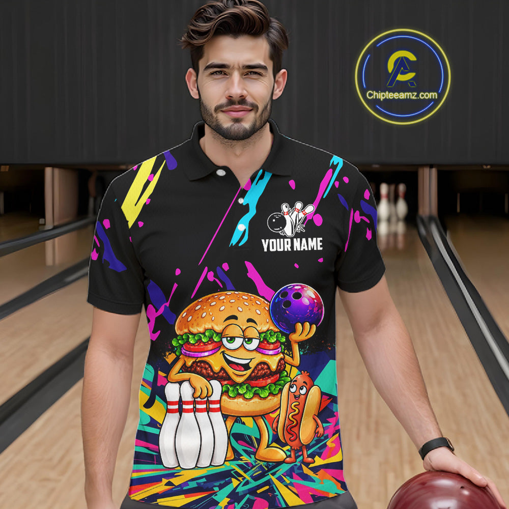 Colorful Bowling Jersey Funny Hamburger Bowling Polo & 1/4 Zip Custom Bowling Team Shirts