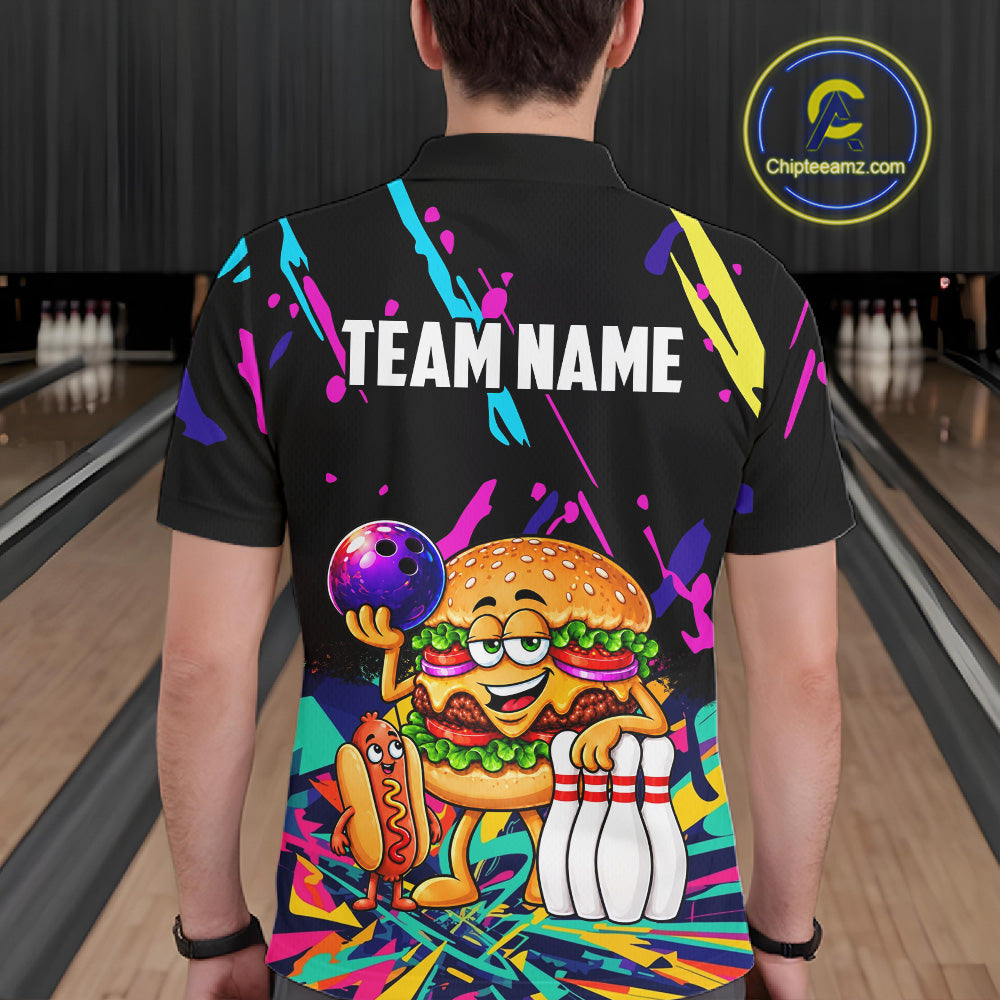 Colorful Bowling Jersey Funny Hamburger Bowling Polo & 1/4 Zip Custom Bowling Team Shirts