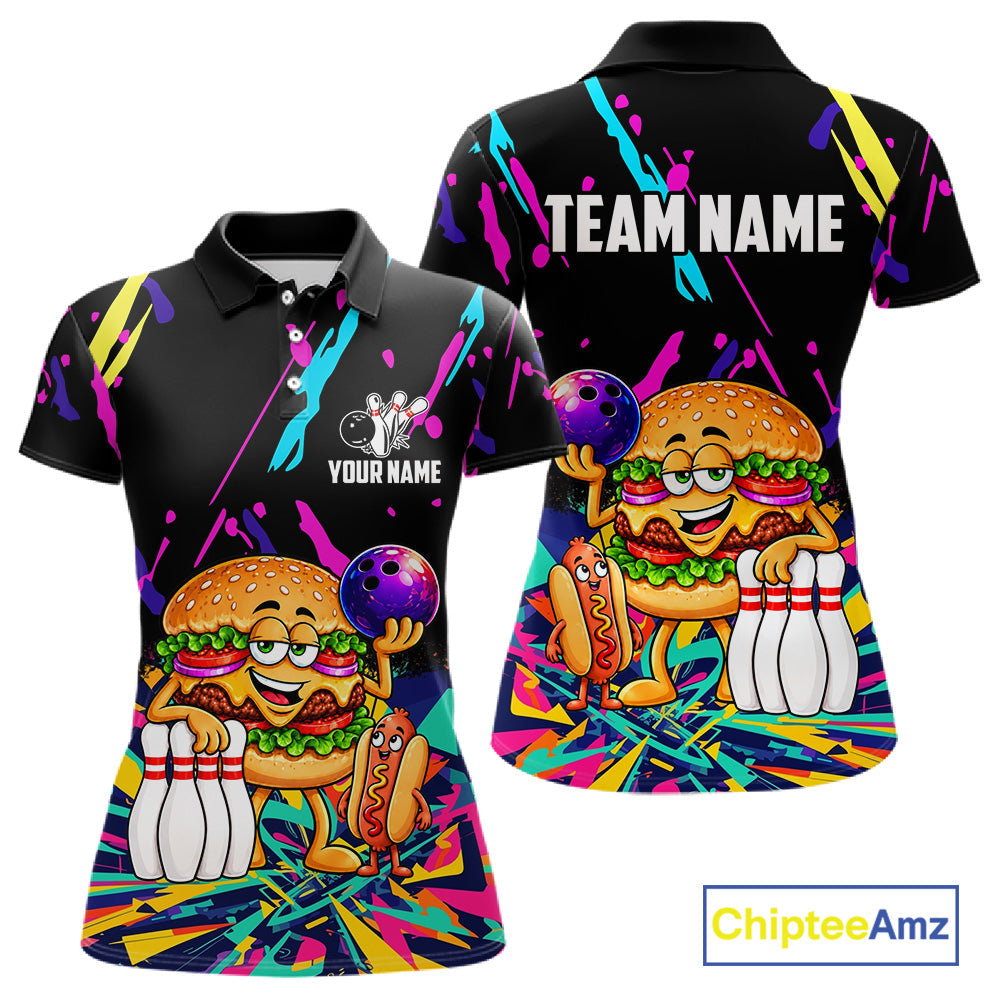 Colorful Bowling Jersey Funny Hamburger Bowling Polo & 1/4 Zip Custom Bowling Team Shirts