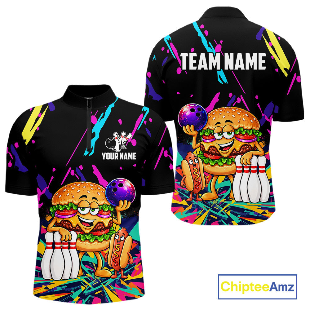 Colorful Bowling Jersey Funny Hamburger Bowling Polo & 1/4 Zip Custom Bowling Team Shirts