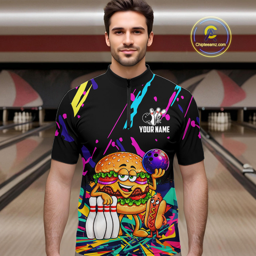 Colorful Bowling Jersey Funny Hamburger Bowling Polo & 1/4 Zip Custom Bowling Team Shirts