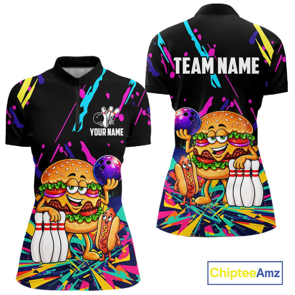 Colorful Bowling Jersey Funny Hamburger Bowling Polo & 1/4 Zip Custom Bowling Team Shirts