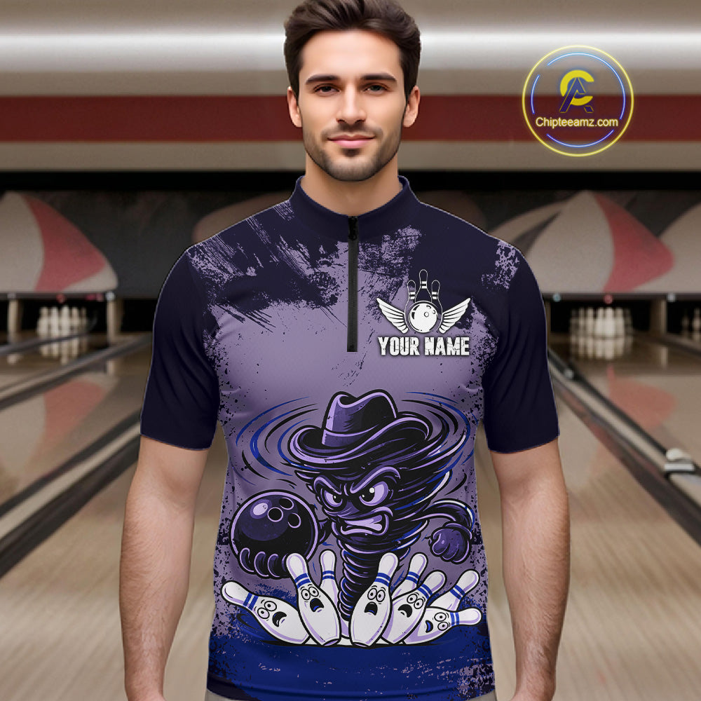 Funny Tornado Purple Grunge Bowling Shirts Custom Bowling Team Jersey Polo & Quarter Zip