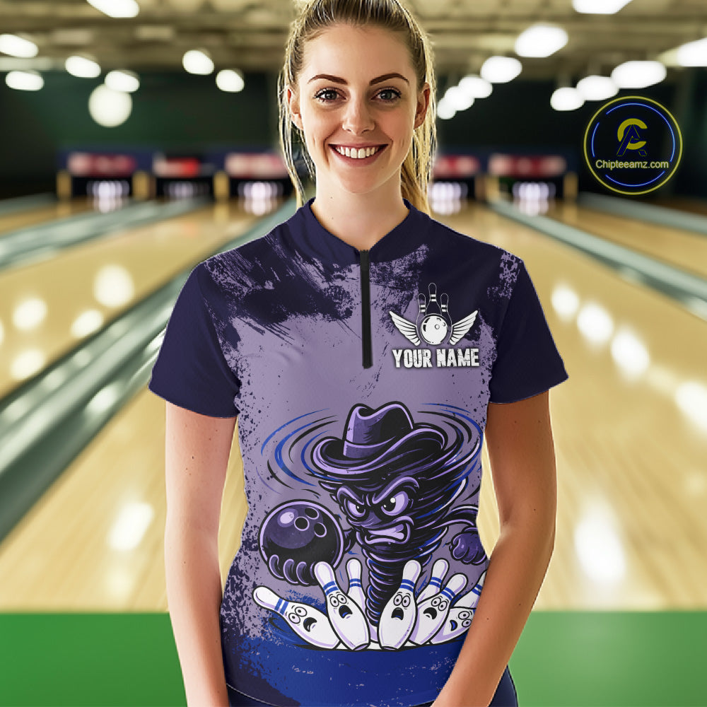 Funny Tornado Purple Grunge Bowling Shirts Custom Bowling Team Jersey Polo & Quarter Zip