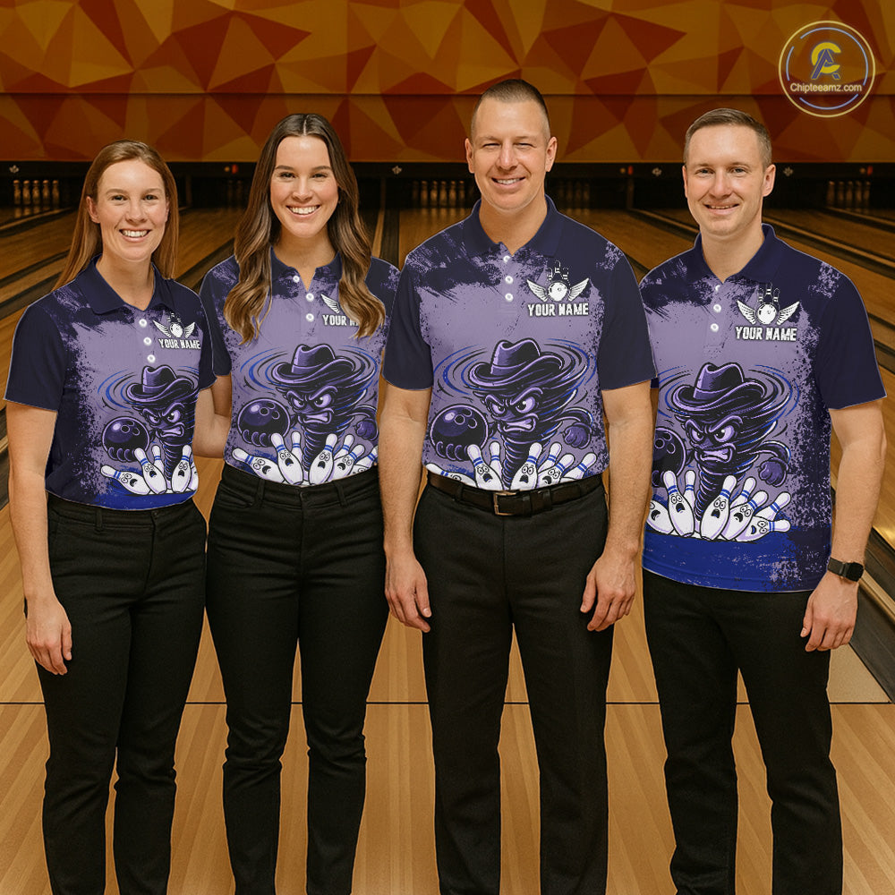 Funny Tornado Purple Grunge Bowling Shirts Custom Bowling Team Jersey Polo & Quarter Zip