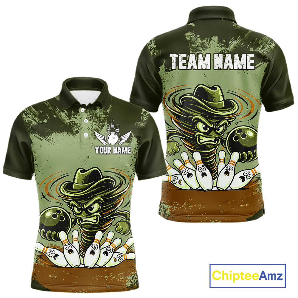 Funny Tornado Green Grunge Bowling Shirts Custom Bowling Team Jersey Polo & Quarter Zip
