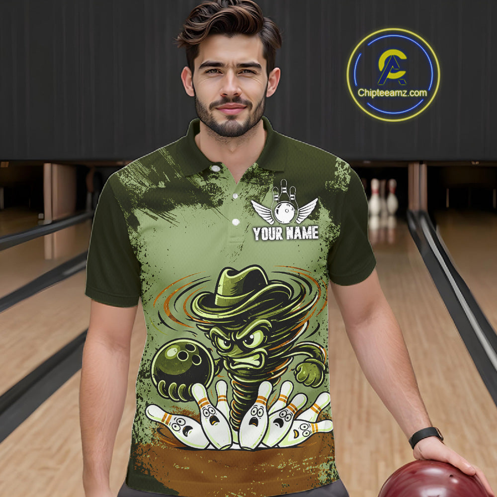Funny Tornado Green Grunge Bowling Shirts Custom Bowling Team Jersey Polo & Quarter Zip