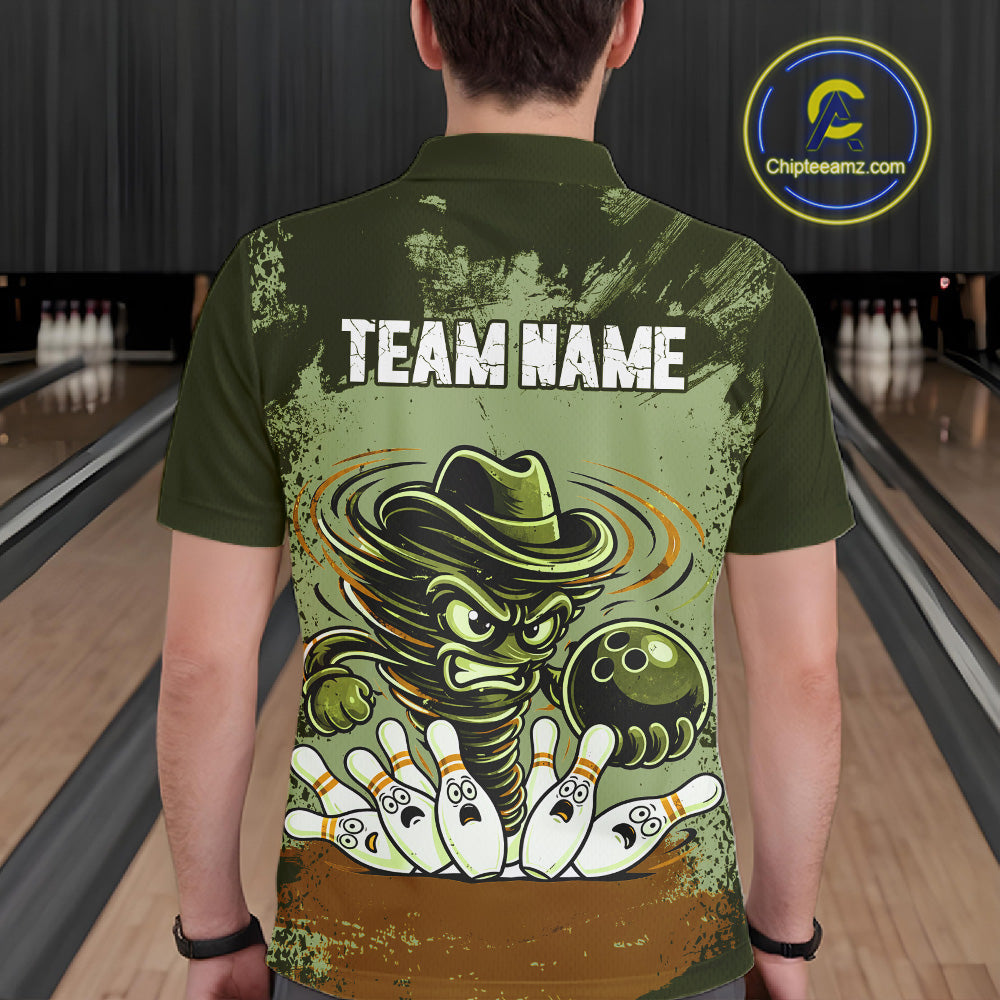 Funny Tornado Green Grunge Bowling Shirts Custom Bowling Team Jersey Polo & Quarter Zip