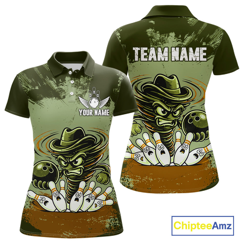 Funny Tornado Green Grunge Bowling Shirts Custom Bowling Team Jersey Polo & Quarter Zip