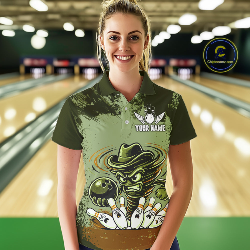 Funny Tornado Green Grunge Bowling Shirts Custom Bowling Team Jersey Polo & Quarter Zip