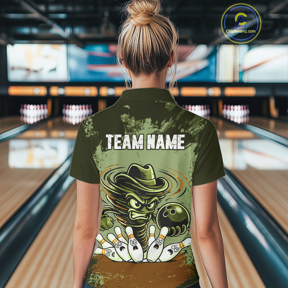Funny Tornado Green Grunge Bowling Shirts Custom Bowling Team Jersey Polo & Quarter Zip