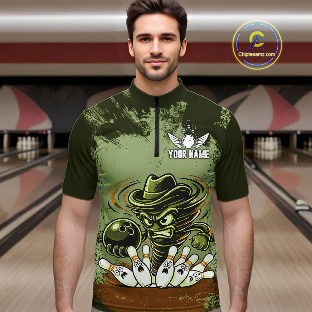 Funny Tornado Green Grunge Bowling Shirts Custom Bowling Team Jersey Polo & Quarter Zip