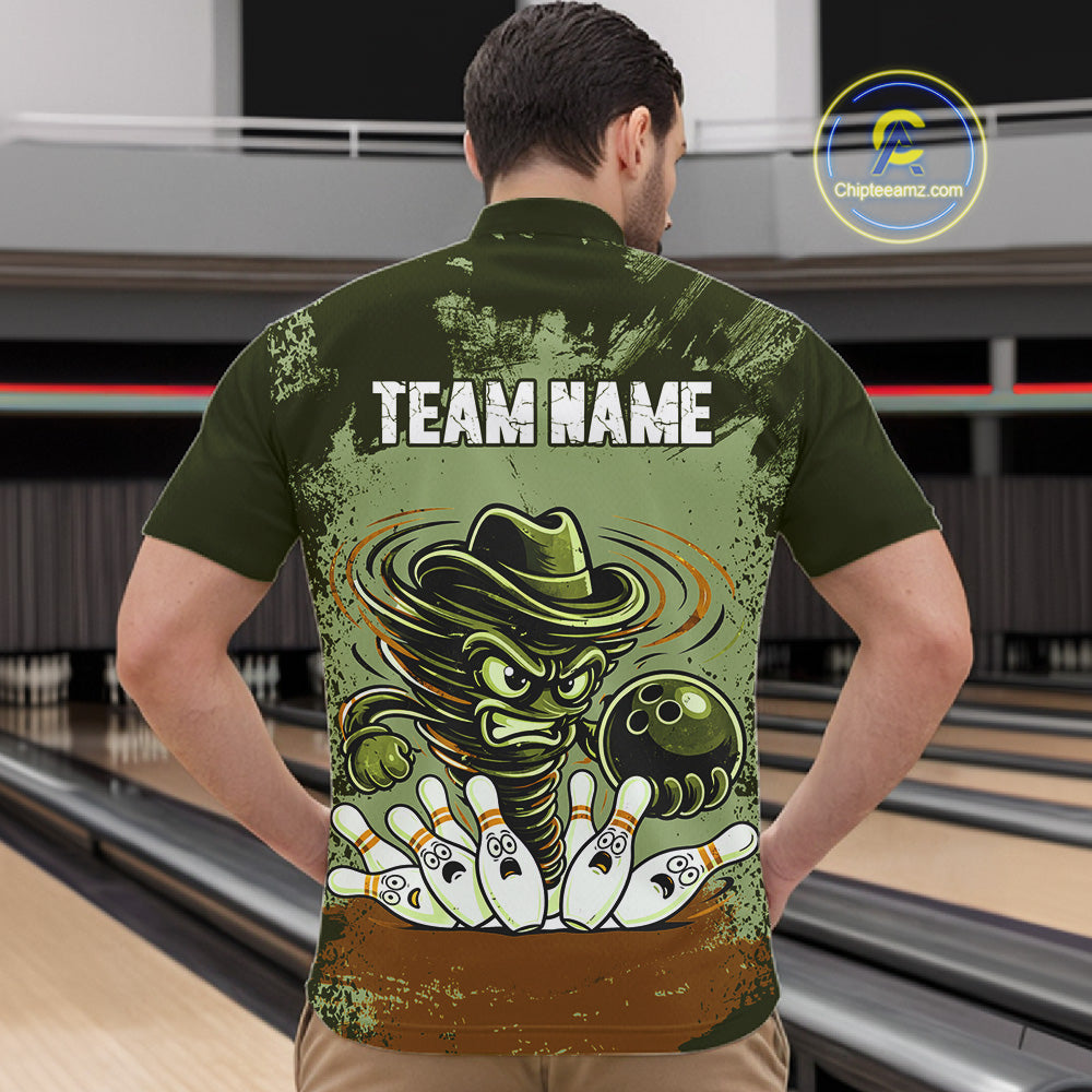 Funny Tornado Green Grunge Bowling Shirts Custom Bowling Team Jersey Polo & Quarter Zip