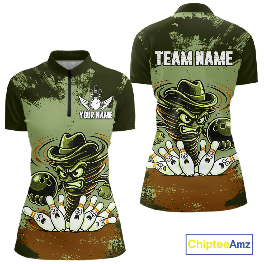 Funny Tornado Green Grunge Bowling Shirts Custom Bowling Team Jersey Polo & Quarter Zip
