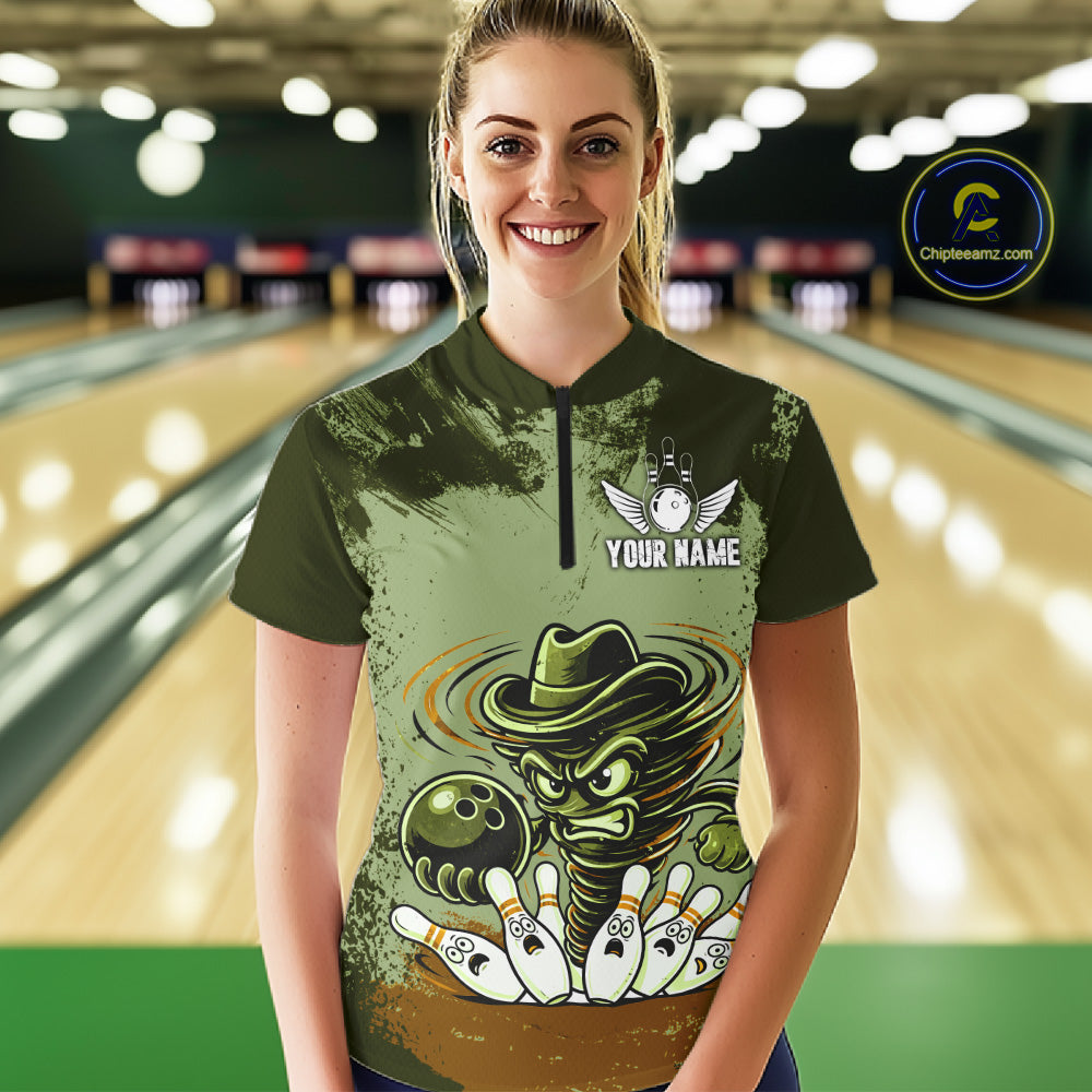 Funny Tornado Green Grunge Bowling Shirts Custom Bowling Team Jersey Polo & Quarter Zip