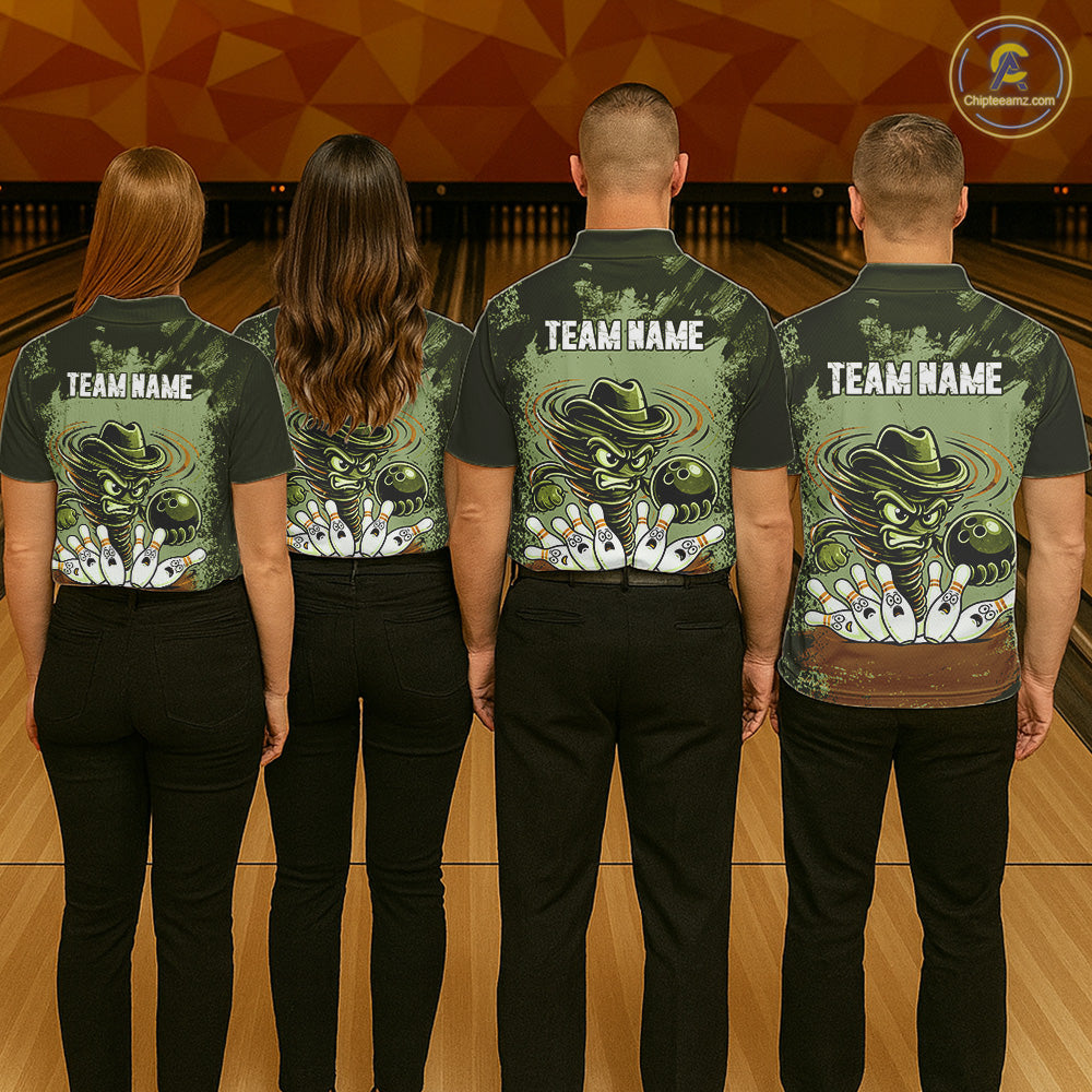 Funny Tornado Green Grunge Bowling Shirts Custom Bowling Team Jersey Polo & Quarter Zip
