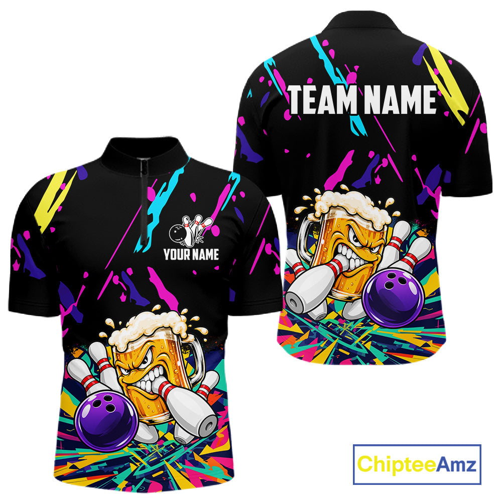 Colorful Bowling Jersey Funny Beer Bowling Polo & 1/4 Zip Custom Bowling Team Shirts