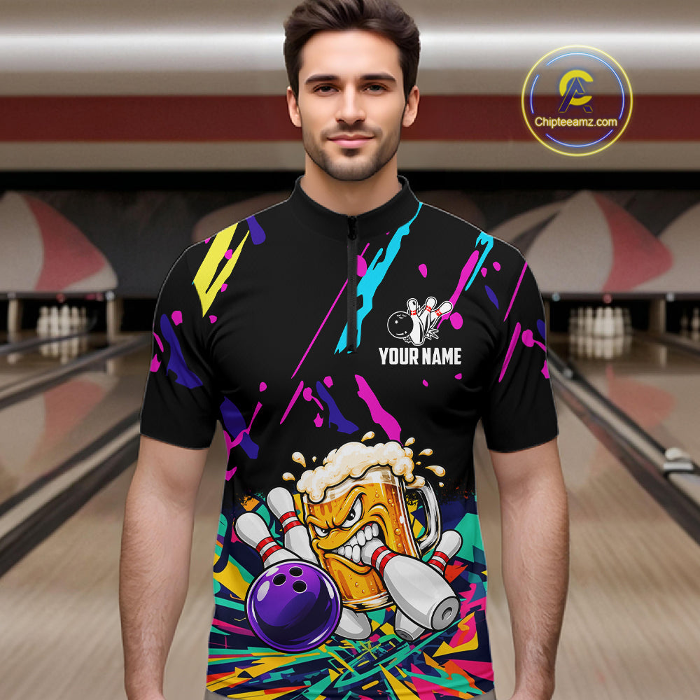 Colorful Bowling Jersey Funny Beer Bowling Polo & 1/4 Zip Custom Bowling Team Shirts