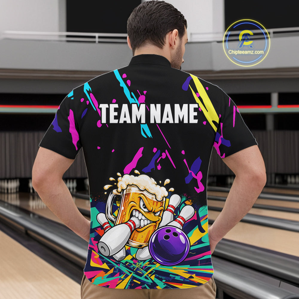 Colorful Bowling Jersey Funny Beer Bowling Polo & 1/4 Zip Custom Bowling Team Shirts