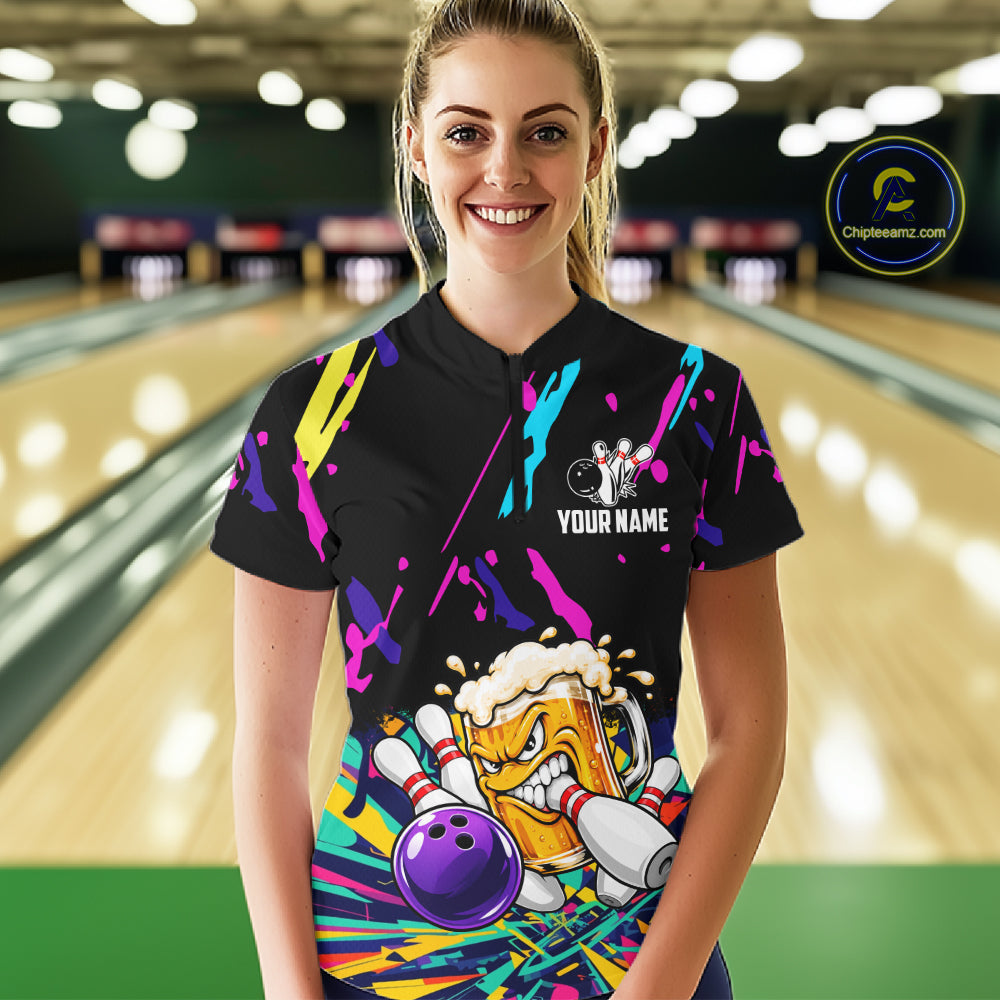 Colorful Bowling Jersey Funny Beer Bowling Polo & 1/4 Zip Custom Bowling Team Shirts