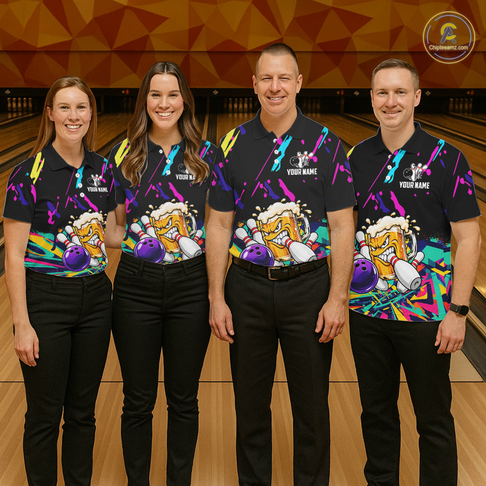 Colorful Bowling Jersey Funny Beer Bowling Polo & 1/4 Zip Custom Bowling Team Shirts