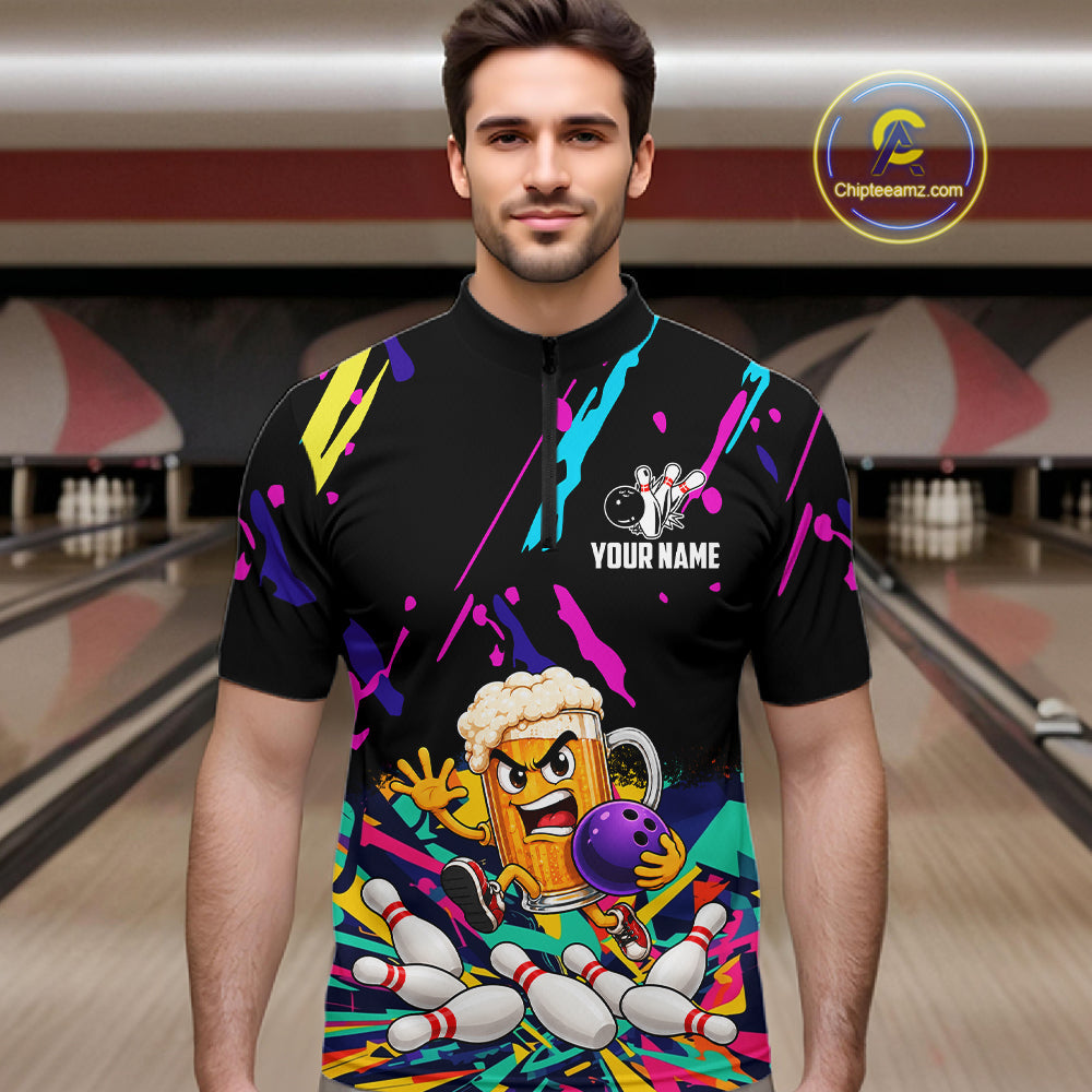Colorful Bowling Jersey Funny Beer Bowling Team Shirts Custom Bowling Polo & 1/4 Zip
