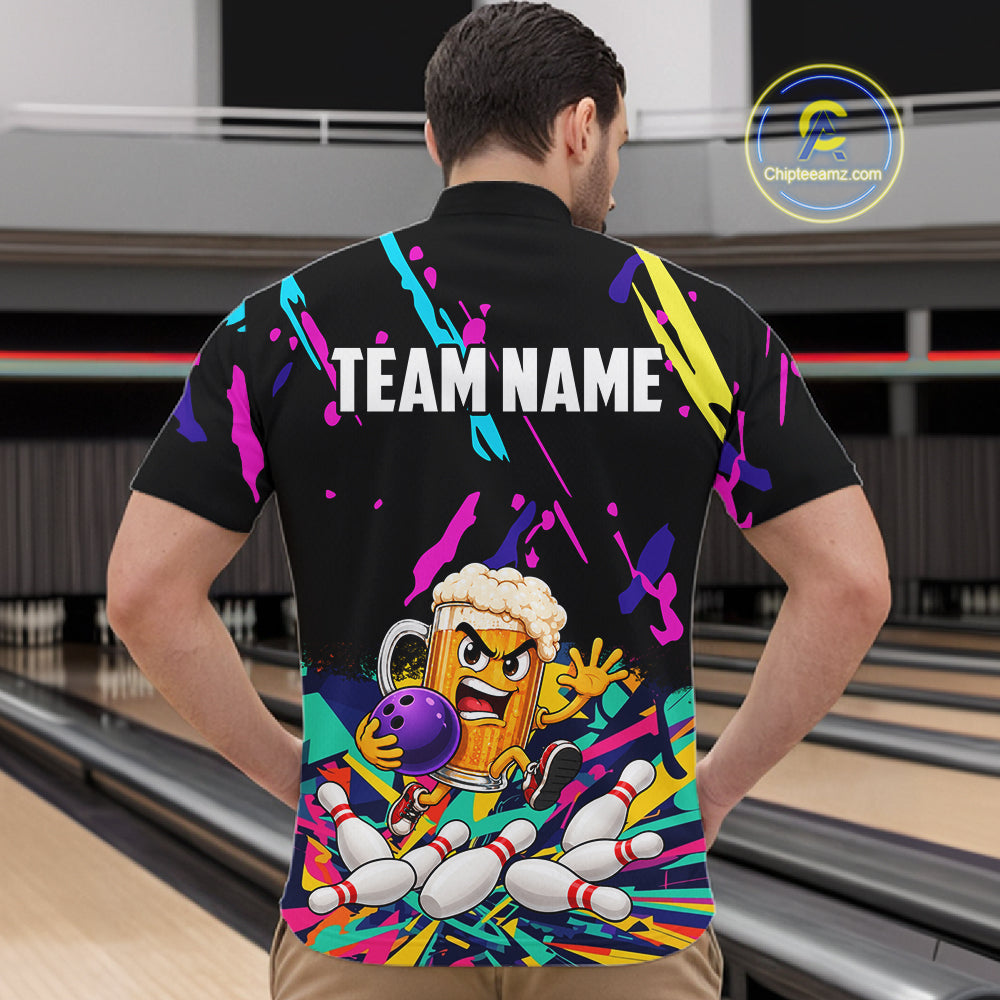 Colorful Bowling Jersey Funny Beer Bowling Team Shirts Custom Bowling Polo & 1/4 Zip