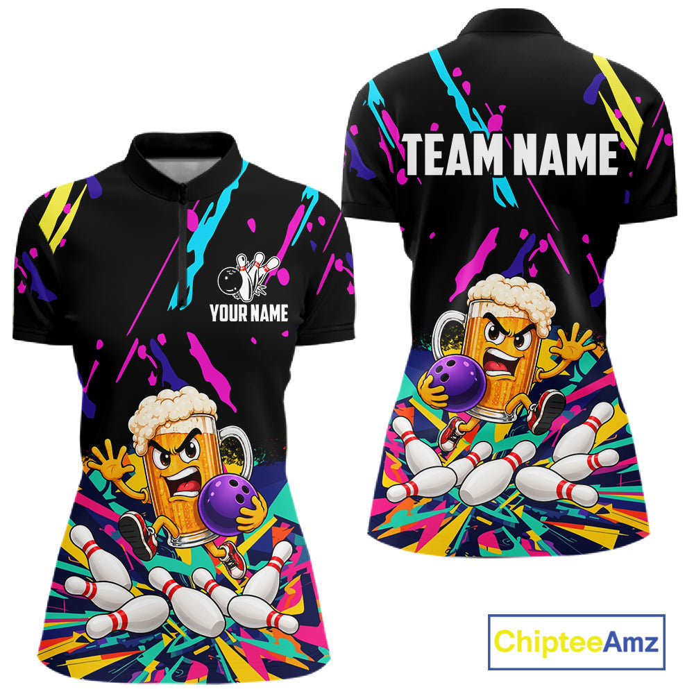 Colorful Bowling Jersey Funny Beer Bowling Team Shirts Custom Bowling Polo & 1/4 Zip