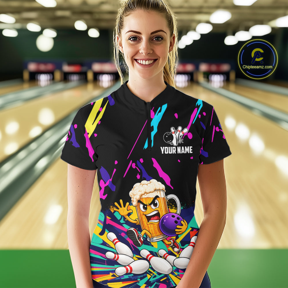 Colorful Bowling Jersey Funny Beer Bowling Team Shirts Custom Bowling Polo & 1/4 Zip