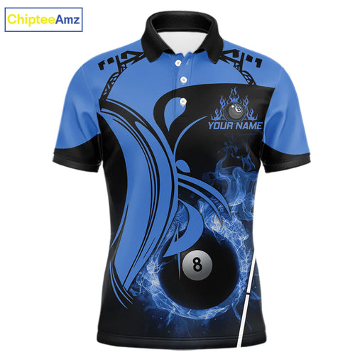 Personalized Blue 8 Ball Fire Flame Billiard Shirt, Pool Team Jersey Polo & 1/4 Zip