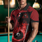 Personalized Red 8 Ball Fire Flame Billiard Shirt, Pool Team Jersey Polo & 1/4 Zip