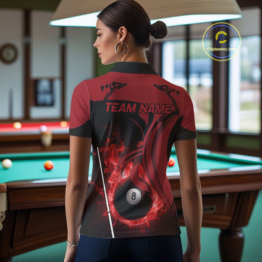 Personalized Red 8 Ball Fire Flame Billiard Shirt, Pool Team Jersey Polo & 1/4 Zip