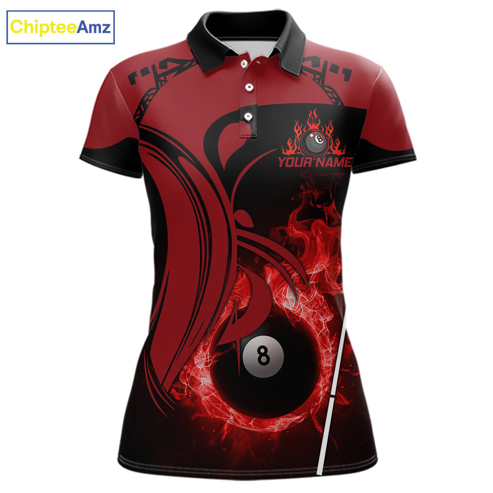 Personalized Red 8 Ball Fire Flame Billiard Shirt, Pool Team Jersey Polo & 1/4 Zip