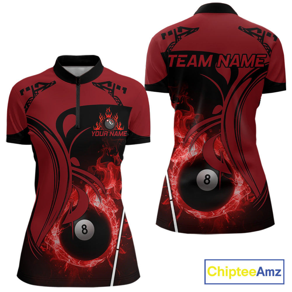 Personalized Red 8 Ball Fire Flame Billiard Shirt, Pool Team Jersey Polo & 1/4 Zip