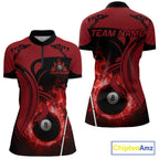 Personalized Red 8 Ball Fire Flame Billiard Shirt, Pool Team Jersey Polo & 1/4 Zip