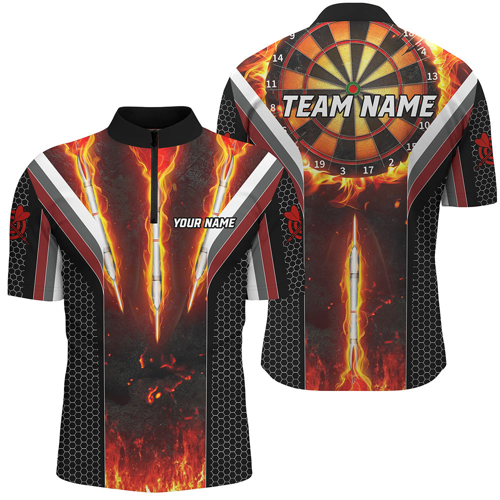 Personalized Darts Burning Fire Polo & 1/4 Zip Shirts Custom Team League Darts Jerseys