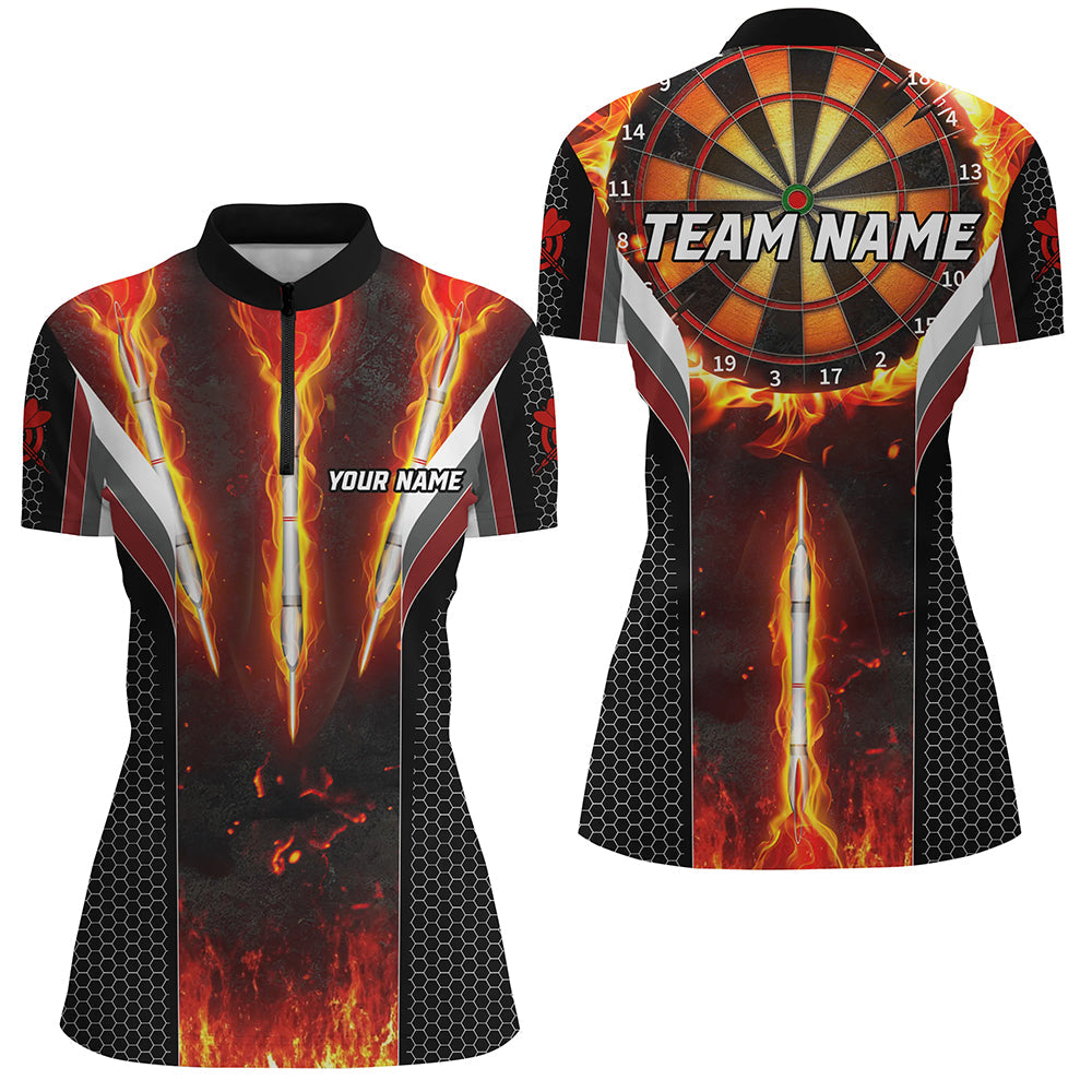Personalized Darts Burning Fire Polo & 1/4 Zip Shirts Custom Team League Darts Jerseys
