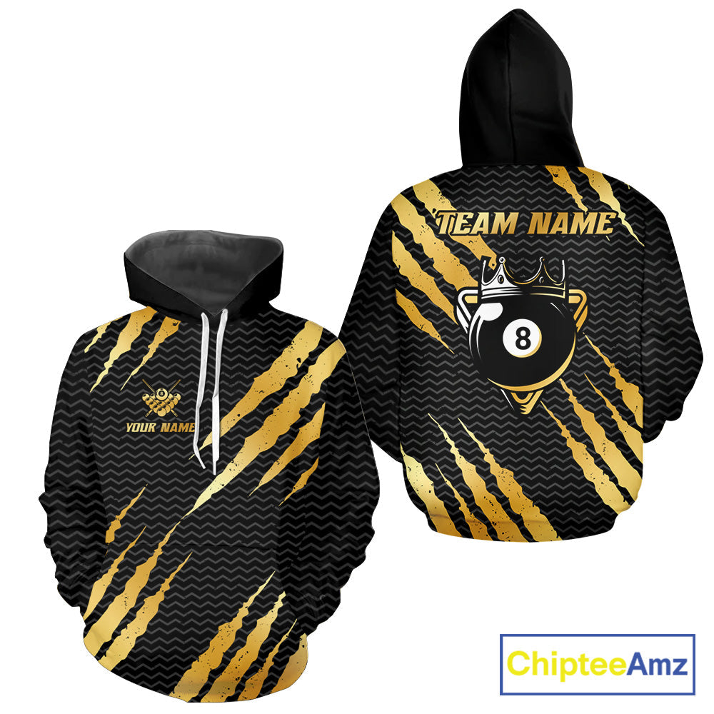 Black And Gold Scratch Billiard Hoodie Custom Crown 8 Ball Hoodie Pool Team Shirts