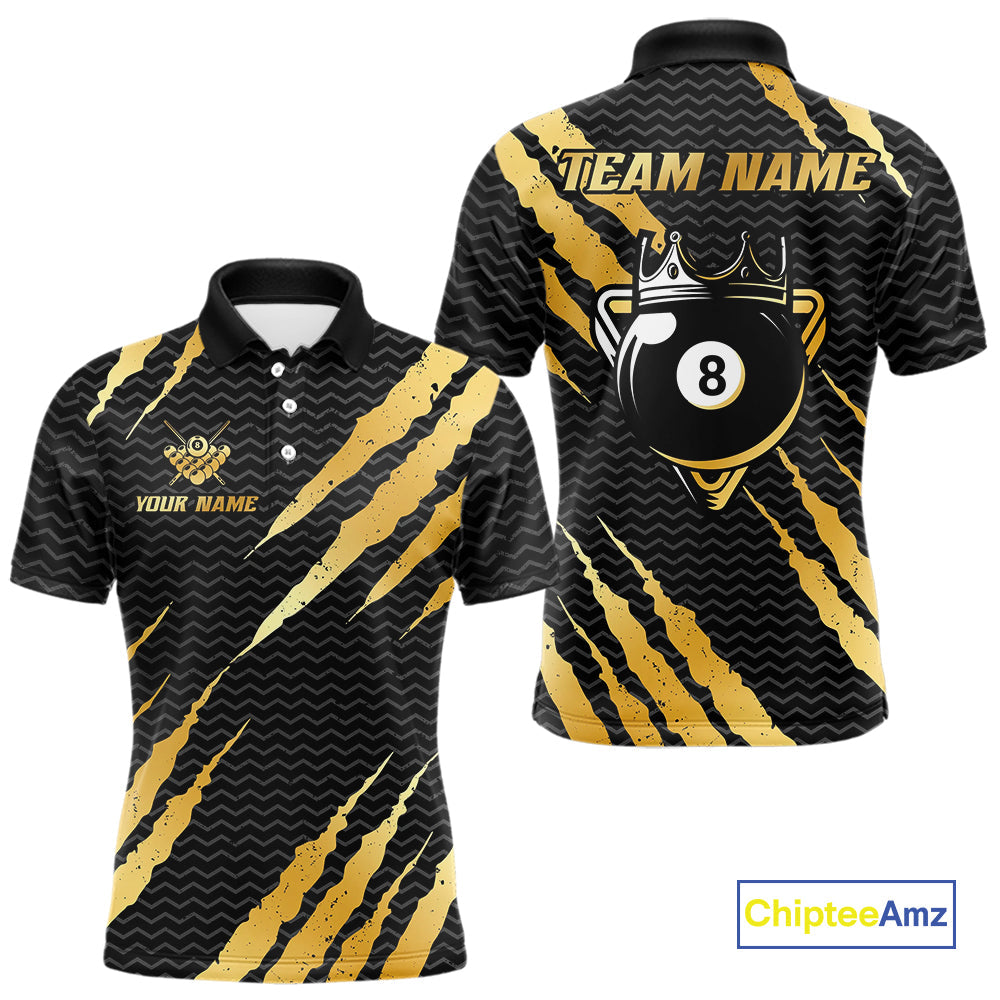 Black And Gold Scratch Billiard Shirts Custom 8 Ball Crown Pool Team Jersey Polo & 1/4 Zip