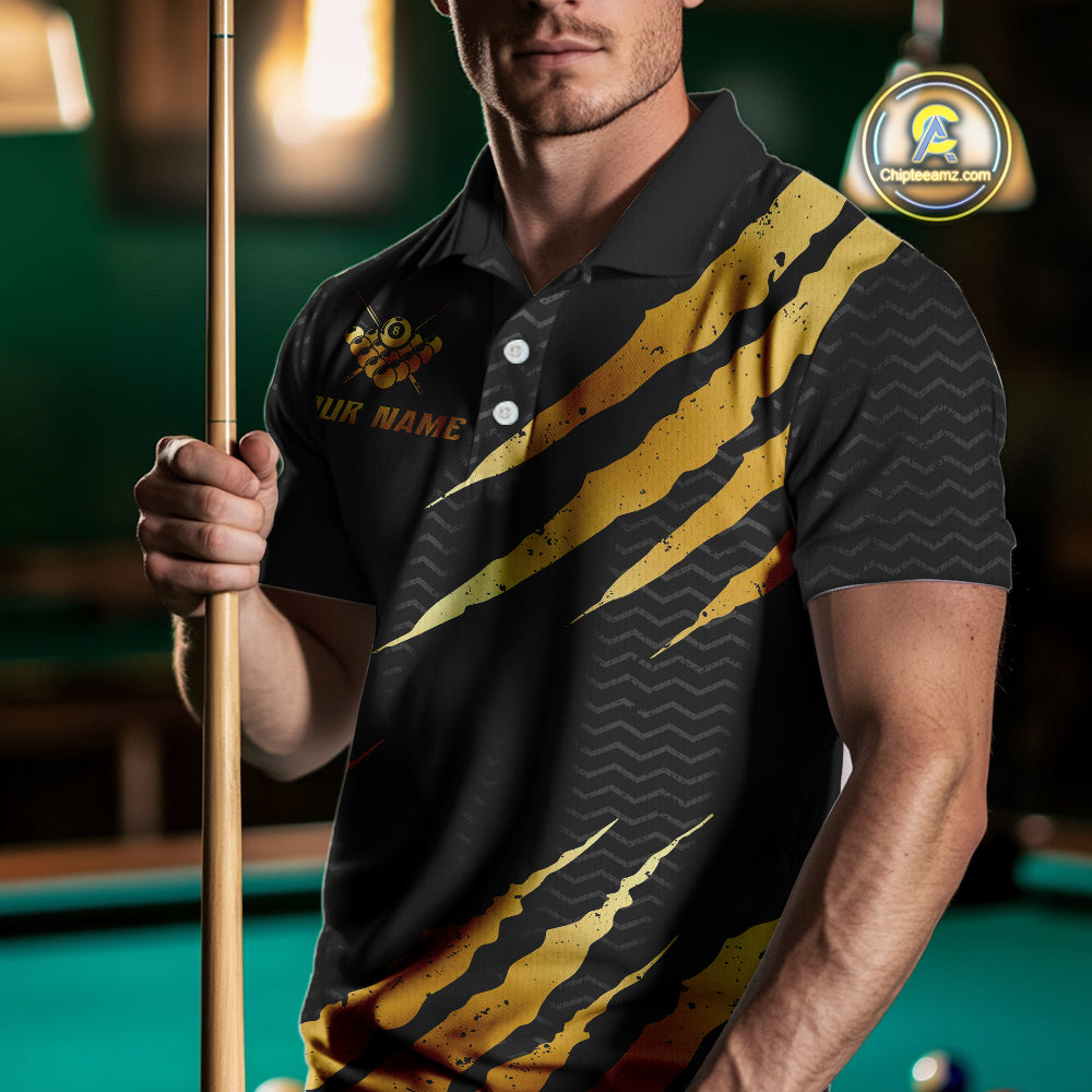 Black And Gold Scratch Billiard Shirts Custom 8 Ball Crown Pool Team Jersey Polo & 1/4 Zip