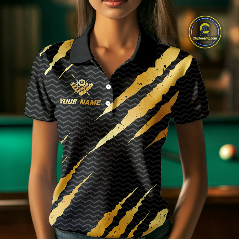 Black And Gold Scratch Billiard Shirts Custom 8 Ball Crown Pool Team Jersey Polo & 1/4 Zip