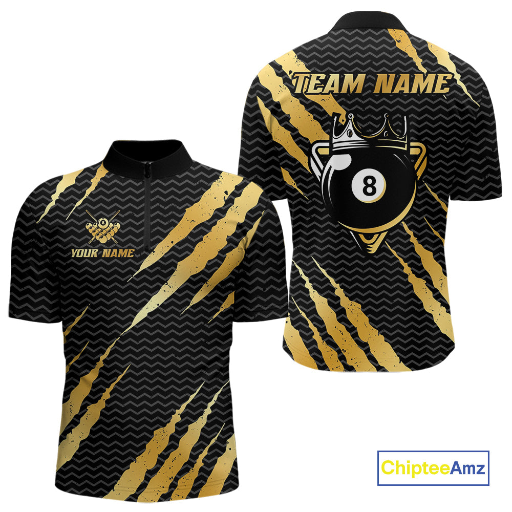Black And Gold Scratch Billiard Shirts Custom 8 Ball Crown Pool Team Jersey Polo & 1/4 Zip