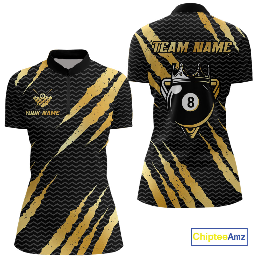 Black And Gold Scratch Billiard Shirts Custom 8 Ball Crown Pool Team Jersey Polo & 1/4 Zip